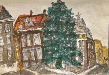 Overlooking the x-masmarket in Zwolle just before Christmas in watercolour.